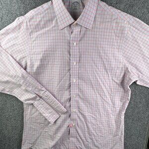 Brooks Brothers Long Sleeve Button Up Shirt Orange Blue Check 16.5 34 Slim Fit